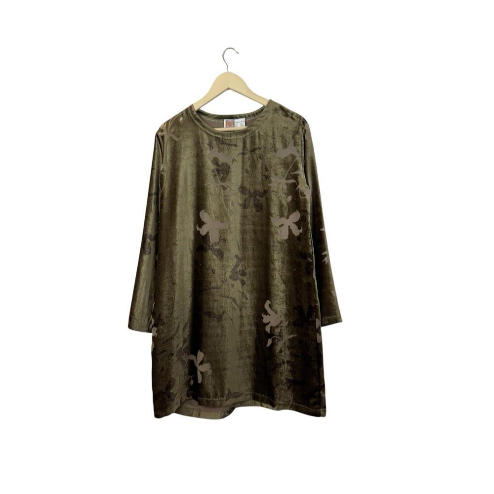 Oilily 44 Shift Dress Velvet Velour Knit Sheer Flowers Brown Long Sleeve Womens
